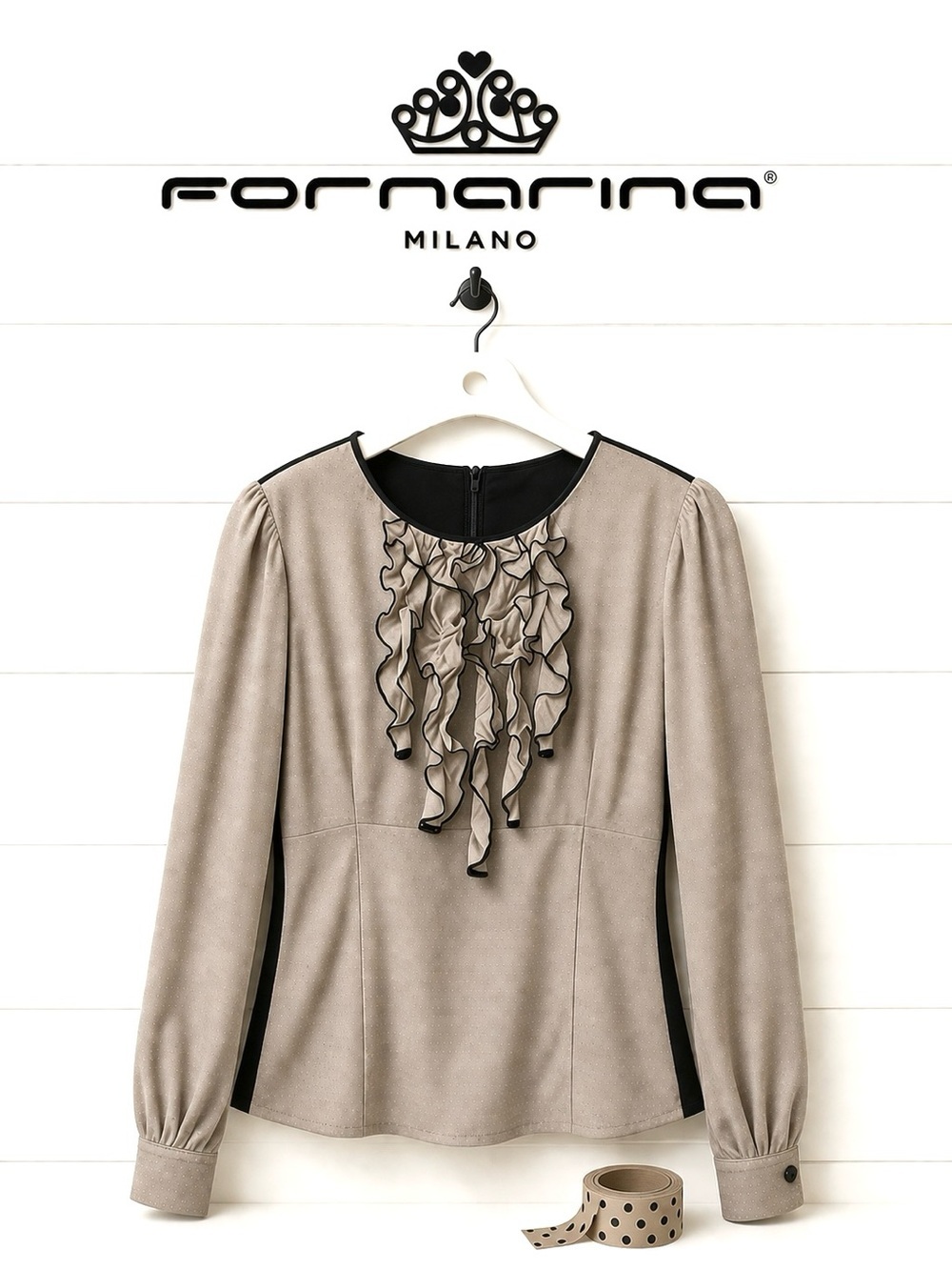 FORNARINA Champagne & Black Romantic Ruffle Blouse Size L